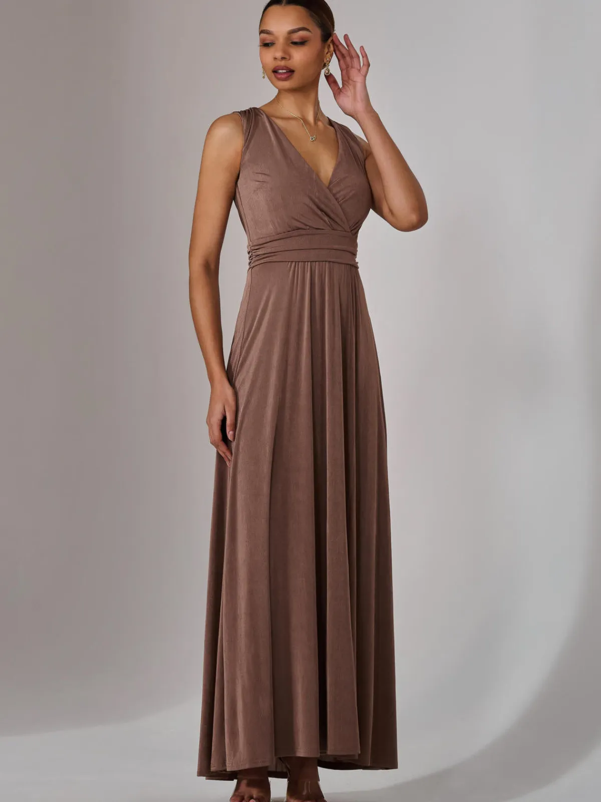 Jolie Moi Occasion Dresses|Sleeveless Dresses-Ella Wrap Bodice Jersey Maxi Dress, Taupe