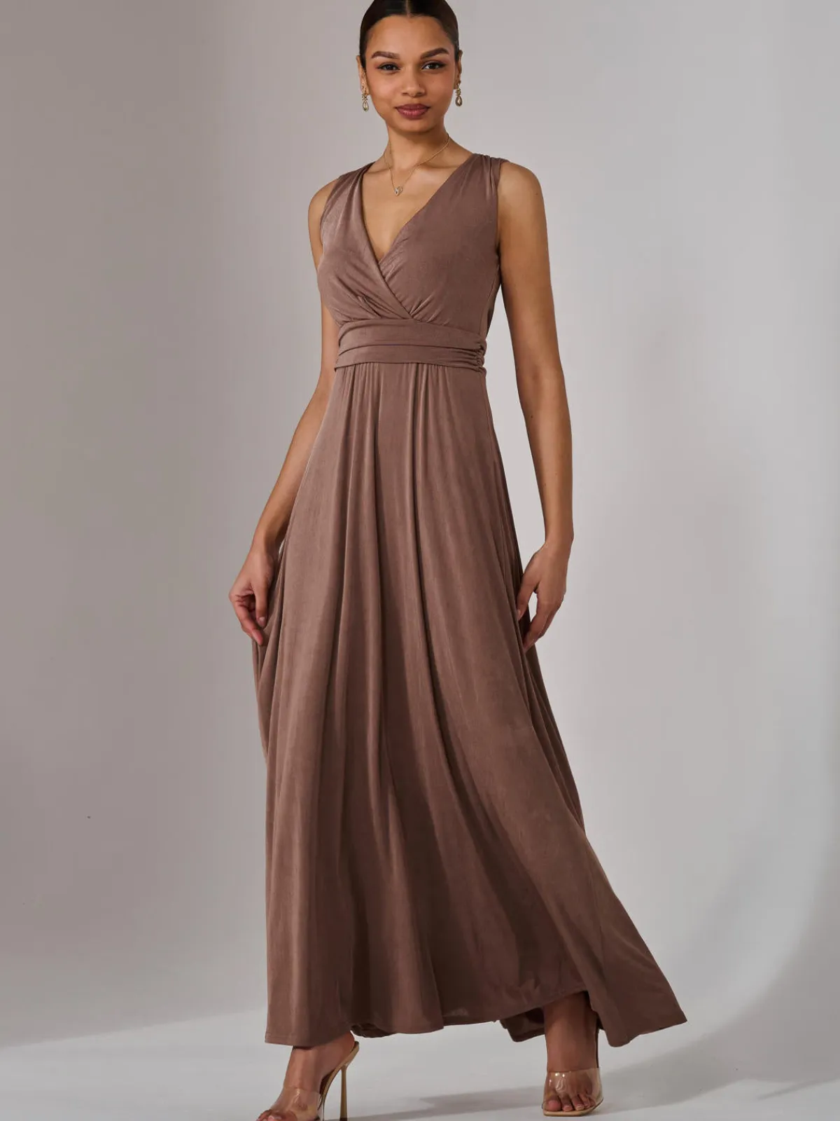 Jolie Moi Occasion Dresses|Sleeveless Dresses-Ella Wrap Bodice Jersey Maxi Dress, Taupe
