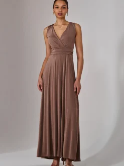Jolie Moi Occasion Dresses|Sleeveless Dresses-Ella Wrap Bodice Jersey Maxi Dress, Taupe