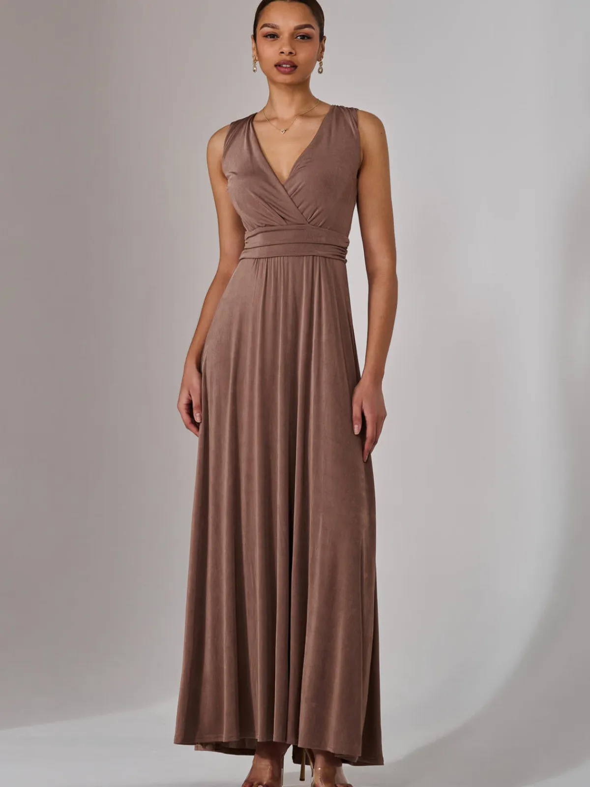 Jolie Moi Occasion Dresses|Sleeveless Dresses-Ella Wrap Bodice Jersey Maxi Dress, Taupe