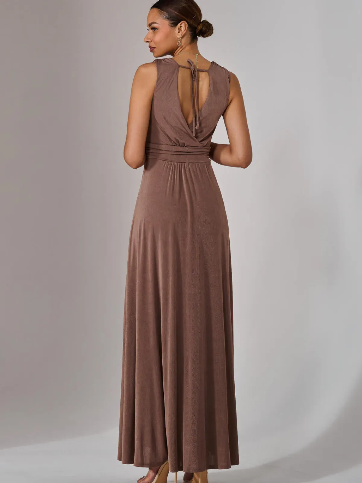 Jolie Moi Occasion Dresses|Sleeveless Dresses-Ella Wrap Bodice Jersey Maxi Dress, Taupe