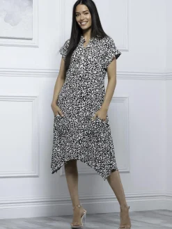 Jolie Moi Vintage Dresses-Elle Print Hanky Tunic Dress, Black Animal