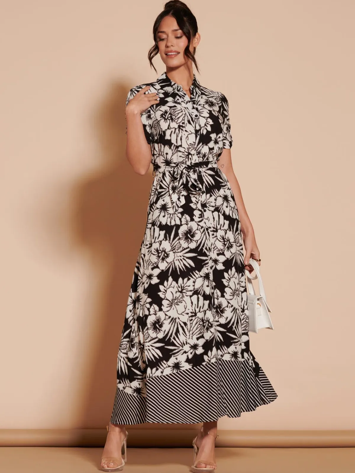Jolie Moi Occasion Dresses|Floral Dresses-Elsie Floral Viscose Shirt Maxi Dress, Black Multi
