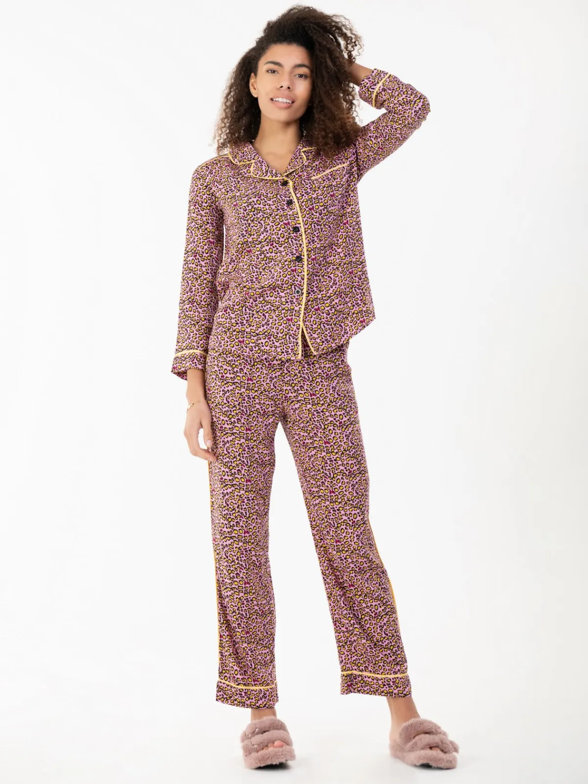 Jolie Moi Co-Ords-Emily Leopard Print Pyjamas, Pink Animal