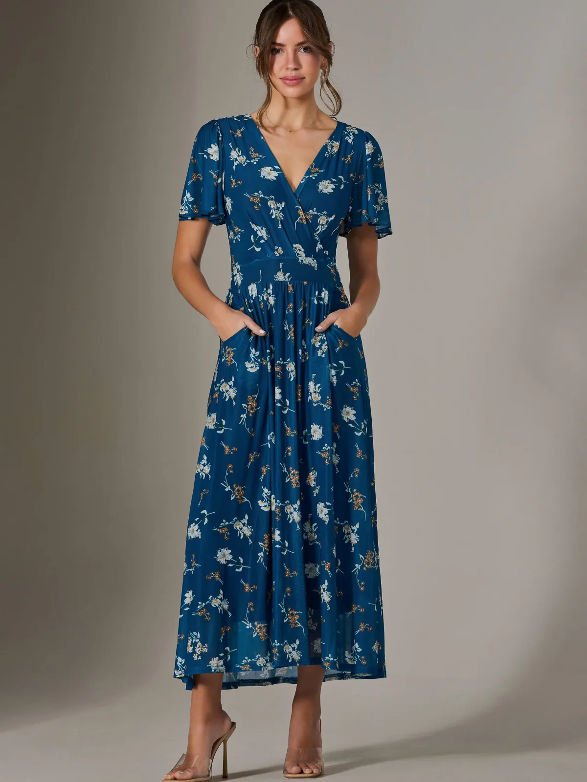 Jolie Moi Occasion Dresses|Floral Dresses-Evelyn Angel Sleeve Mesh Maxi Dress, Teal Floral