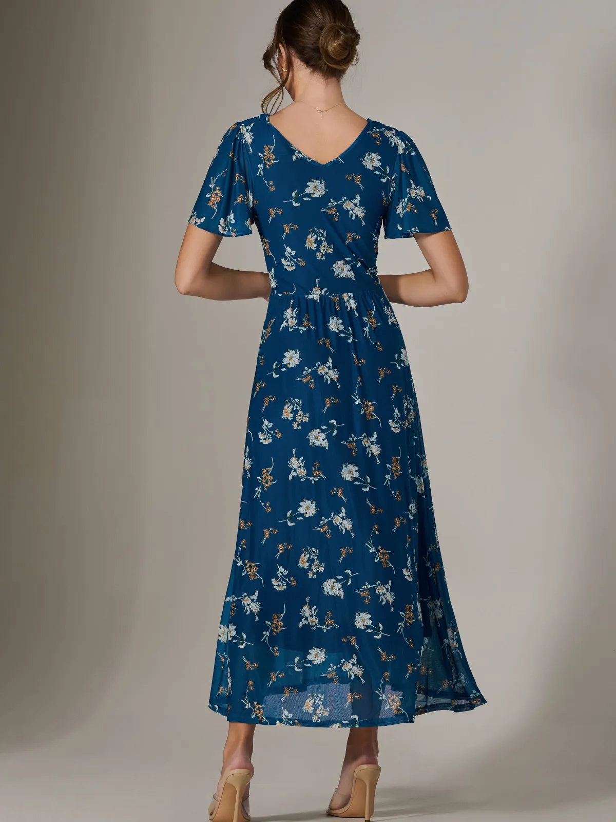 Jolie Moi Occasion Dresses|Floral Dresses-Evelyn Angel Sleeve Mesh Maxi Dress, Teal Floral