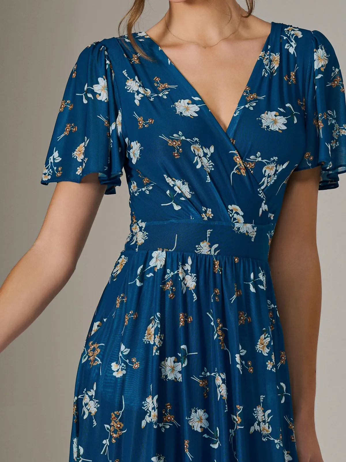 Jolie Moi Occasion Dresses|Floral Dresses-Evelyn Angel Sleeve Mesh Maxi Dress, Teal Floral