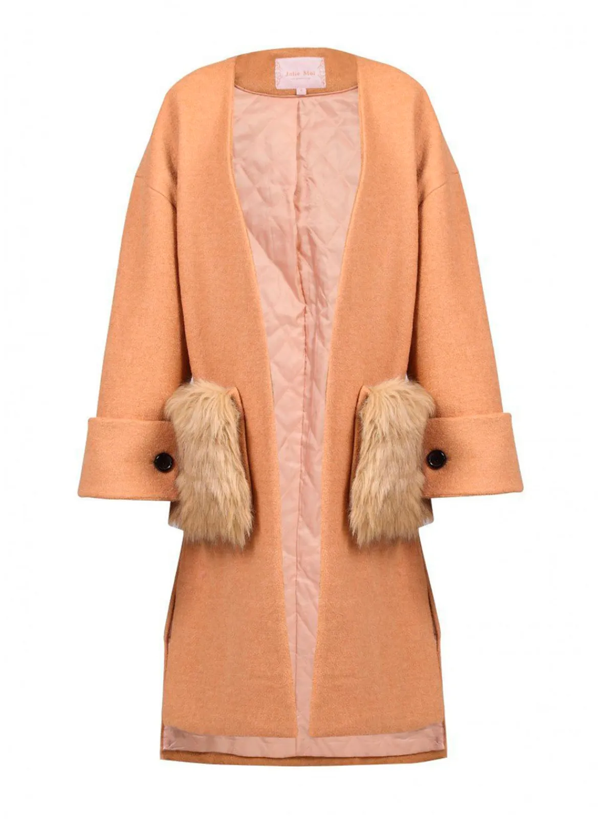 Jolie Moi Weekend Casuals-Faux Fur Pocket Padded Inner Coat, Camel
