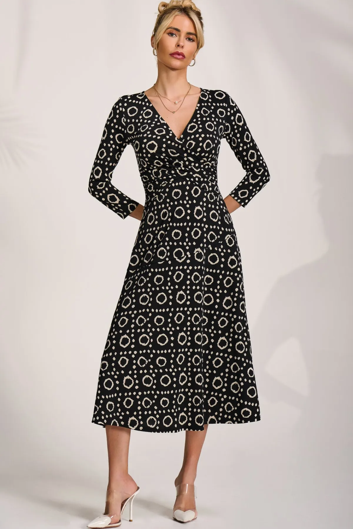 Jolie Moi Jersey Dresses|Midi Dresses-Fit and Flare Jersey Midi Dress, Black Geo