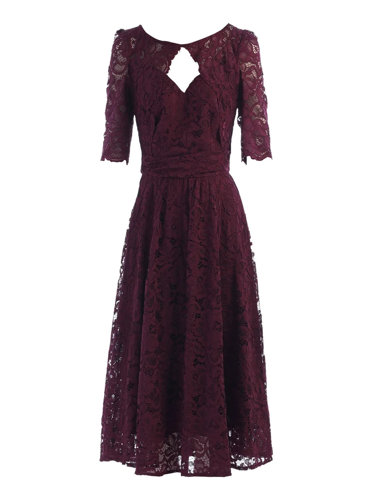 Jolie Moi Occasion Dresses|Midi Dresses-Fit And Flare Lace Midi Dress, Burgundy
