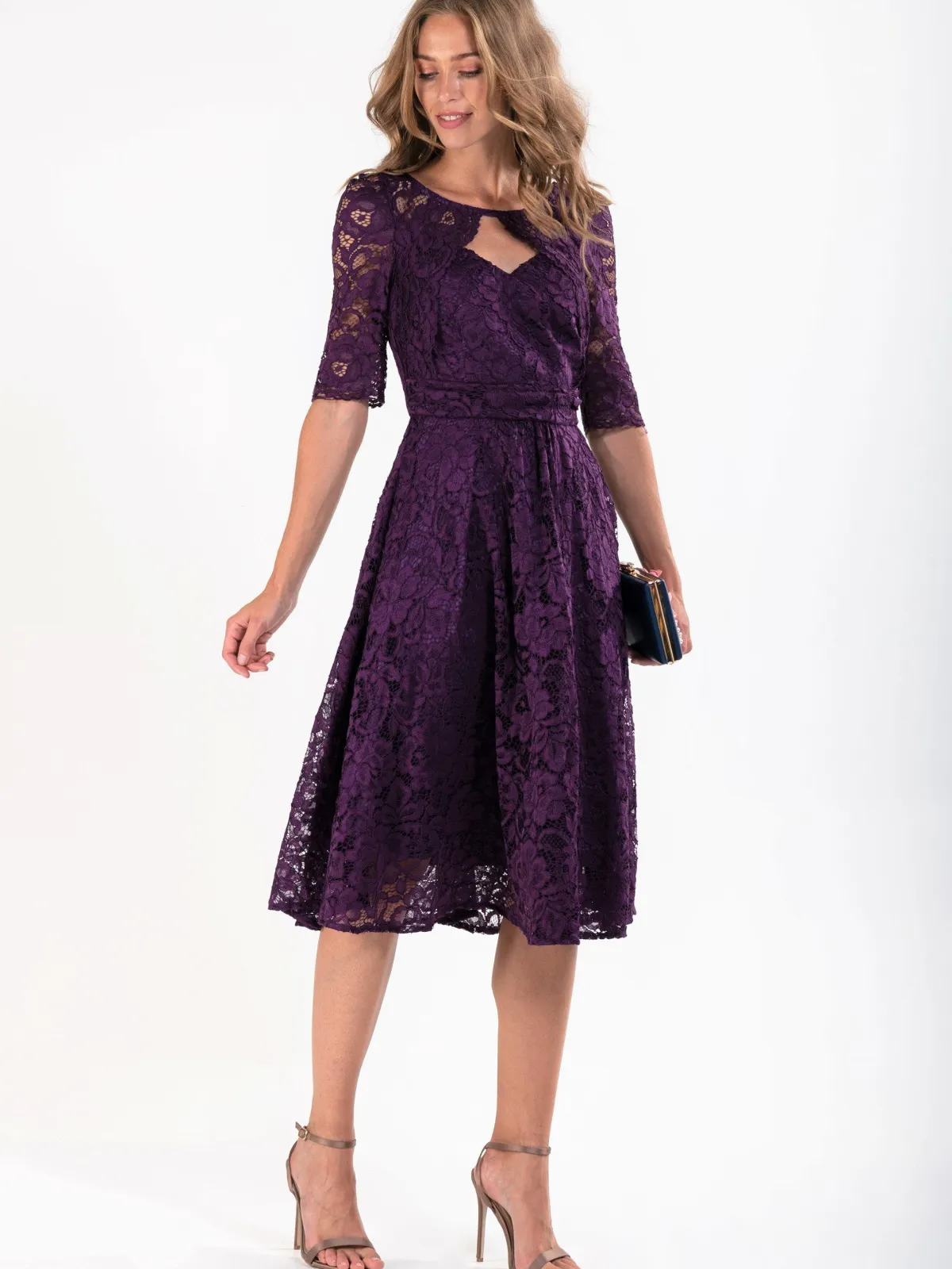 Jolie Moi Occasion Dresses|Mother Of The Bride-Fit & Flare Sleeved Lace Midi Dress, Dark Purple