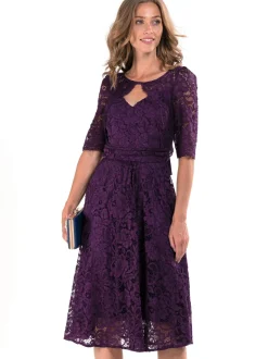 Jolie Moi Occasion Dresses|Mother Of The Bride-Fit & Flare Sleeved Lace Midi Dress, Dark Purple