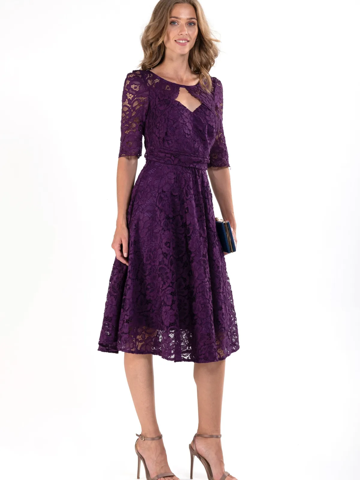 Jolie Moi Occasion Dresses|Mother Of The Bride-Fit & Flare Sleeved Lace Midi Dress, Dark Purple