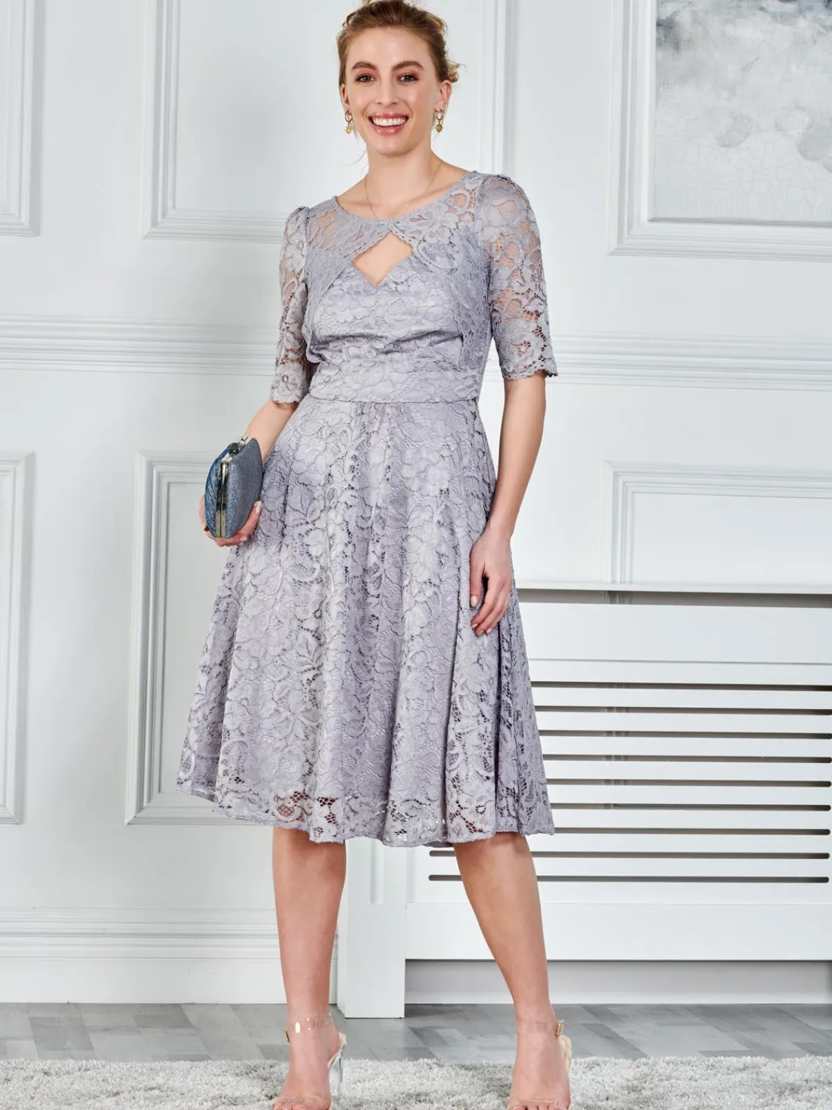 Jolie Moi Occasion Dresses|Midi Dresses-Fit & Flare Sleeved Lace Midi Dress, Silver Grey
