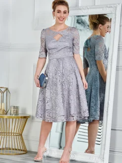 Jolie Moi Occasion Dresses|Midi Dresses-Fit & Flare Sleeved Lace Midi Dress, Silver Grey
