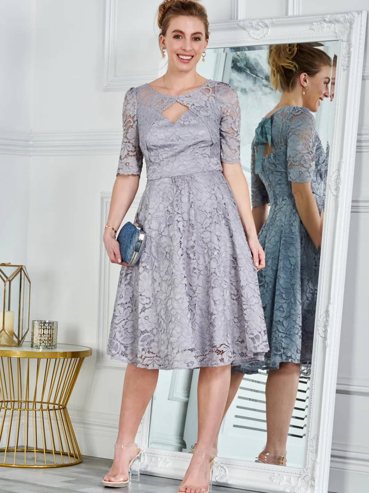 Jolie Moi Occasion Dresses|Midi Dresses-Fit & Flare Sleeved Lace Midi Dress, Silver Grey