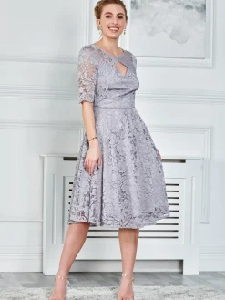 Jolie Moi Occasion Dresses|Midi Dresses-Fit & Flare Sleeved Lace Midi Dress, Silver Grey