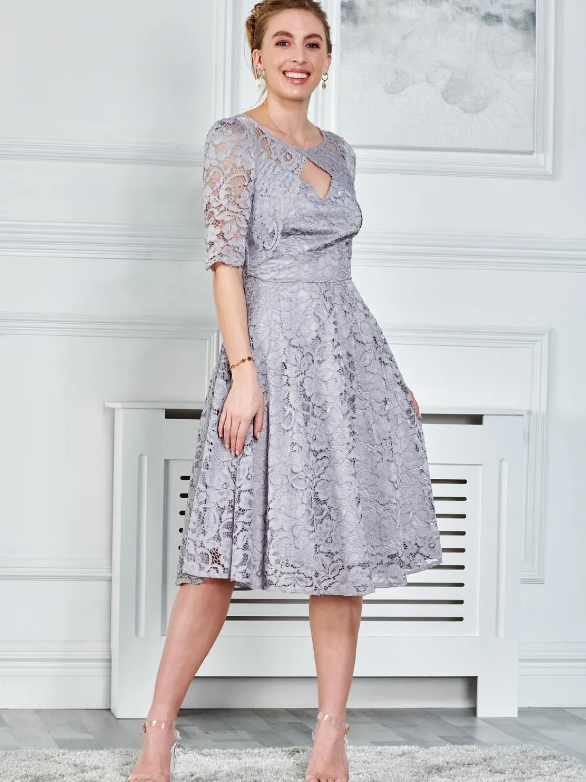 Jolie Moi Occasion Dresses|Midi Dresses-Fit & Flare Sleeved Lace Midi Dress, Silver Grey