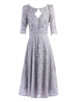 Jolie Moi Occasion Dresses|Midi Dresses-Fit & Flare Sleeved Lace Midi Dress, Silver Grey