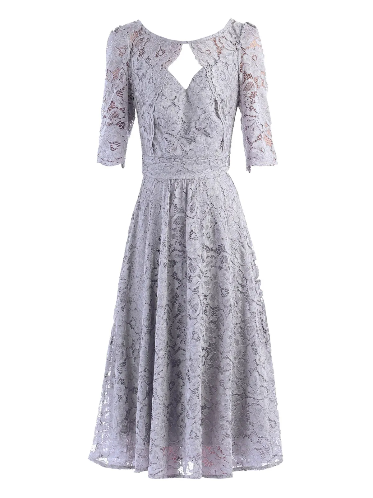 Jolie Moi Occasion Dresses|Midi Dresses-Fit & Flare Sleeved Lace Midi Dress, Silver Grey
