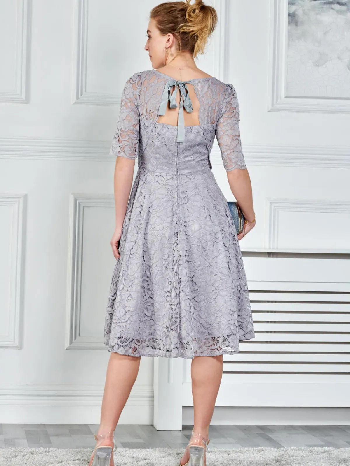Jolie Moi Occasion Dresses|Midi Dresses-Fit & Flare Sleeved Lace Midi Dress, Silver Grey