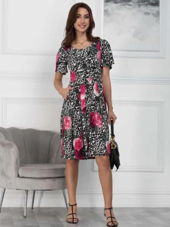 Jolie Moi Jersey Dresses|Weekend Casuals-Flare Sleeve Jersey Dress, Pink Animal