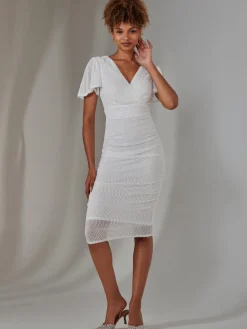 Jolie Moi Occasion Dresses|Party Dresses-Flare Sleeve Ruched Sequin Dress, White