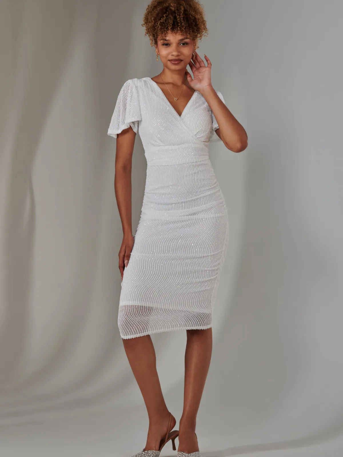 Jolie Moi Occasion Dresses|Party Dresses-Flare Sleeve Ruched Sequin Dress, White