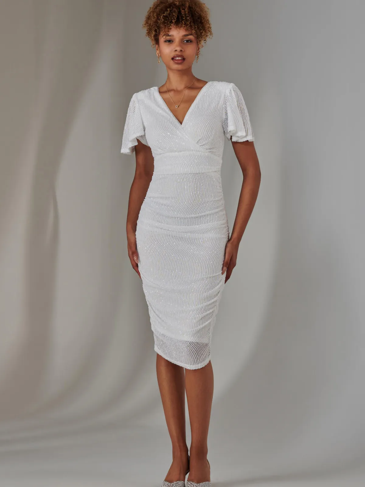 Jolie Moi Occasion Dresses|Party Dresses-Flare Sleeve Ruched Sequin Dress, White