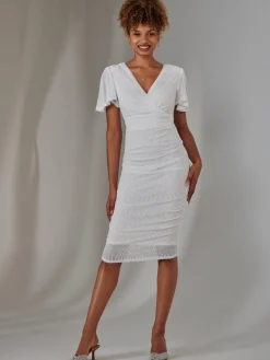 Jolie Moi Occasion Dresses|Party Dresses-Flare Sleeve Ruched Sequin Dress, White