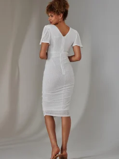 Jolie Moi Occasion Dresses|Party Dresses-Flare Sleeve Ruched Sequin Dress, White