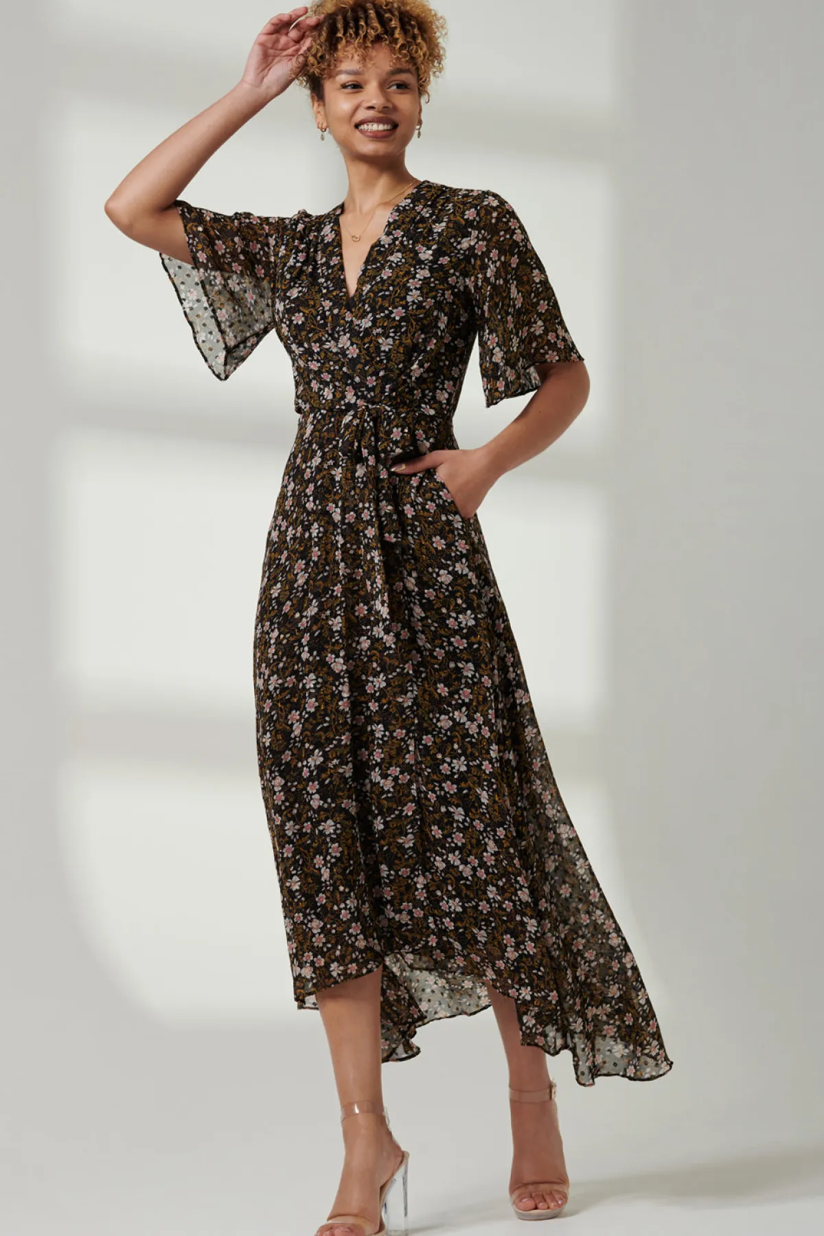 Jolie Moi Occasion Dresses|Floral Dresses-Floral Front Tie Midi Dress, Black Floral