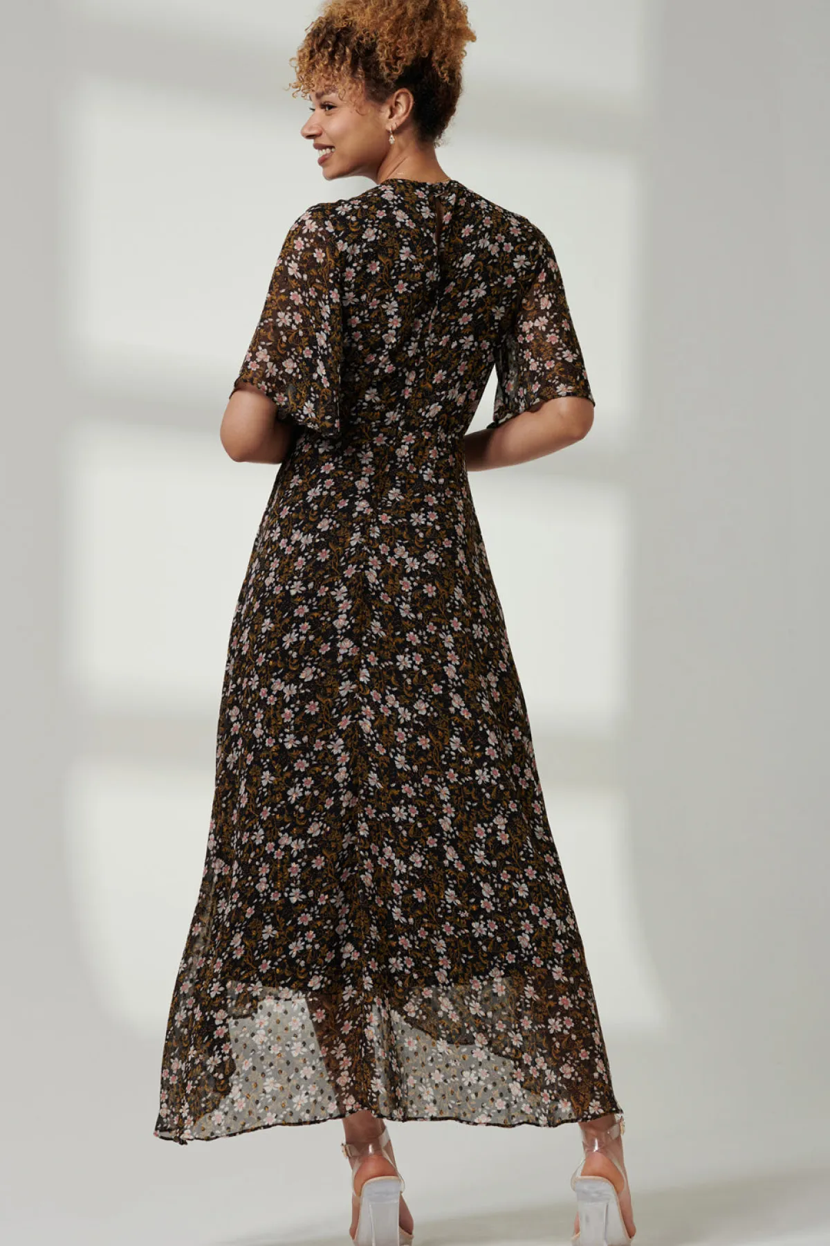 Jolie Moi Occasion Dresses|Floral Dresses-Floral Front Tie Midi Dress, Black Floral