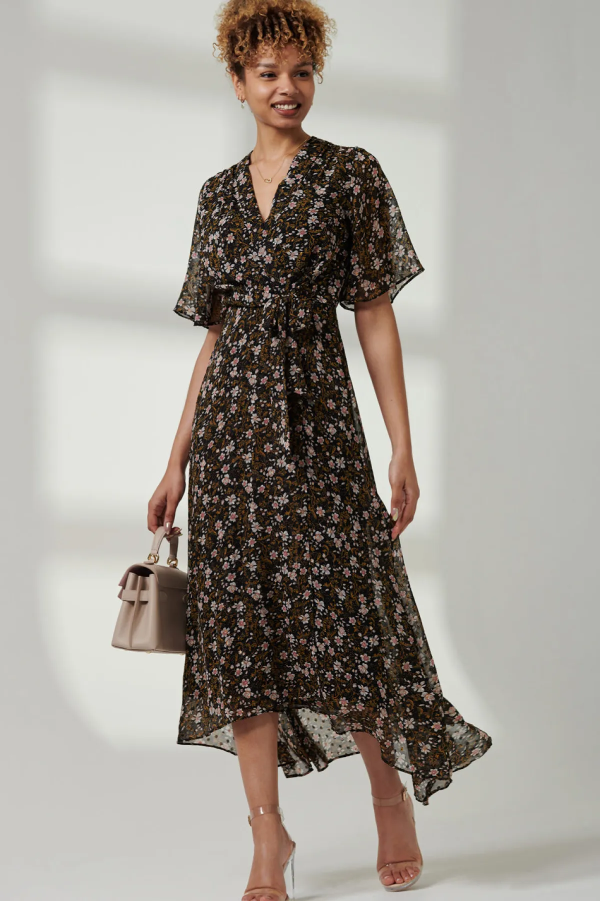 Jolie Moi Occasion Dresses|Floral Dresses-Floral Front Tie Midi Dress, Black Floral