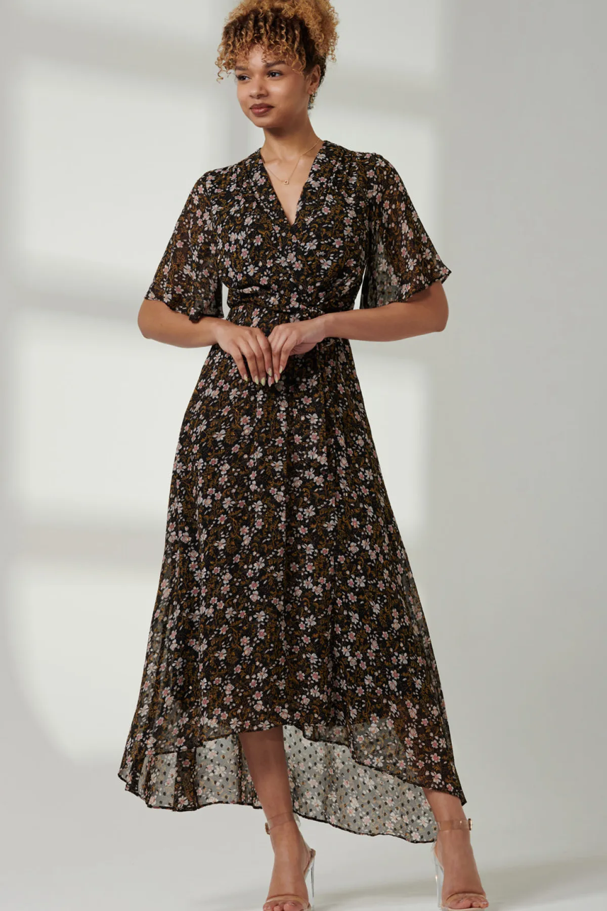 Jolie Moi Occasion Dresses|Floral Dresses-Floral Front Tie Midi Dress, Black Floral