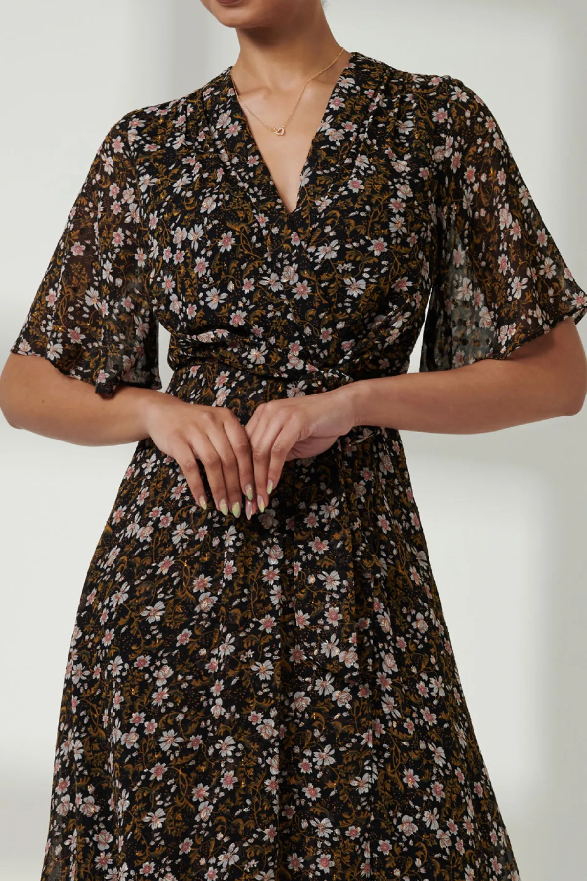 Jolie Moi Occasion Dresses|Floral Dresses-Floral Front Tie Midi Dress, Black Floral