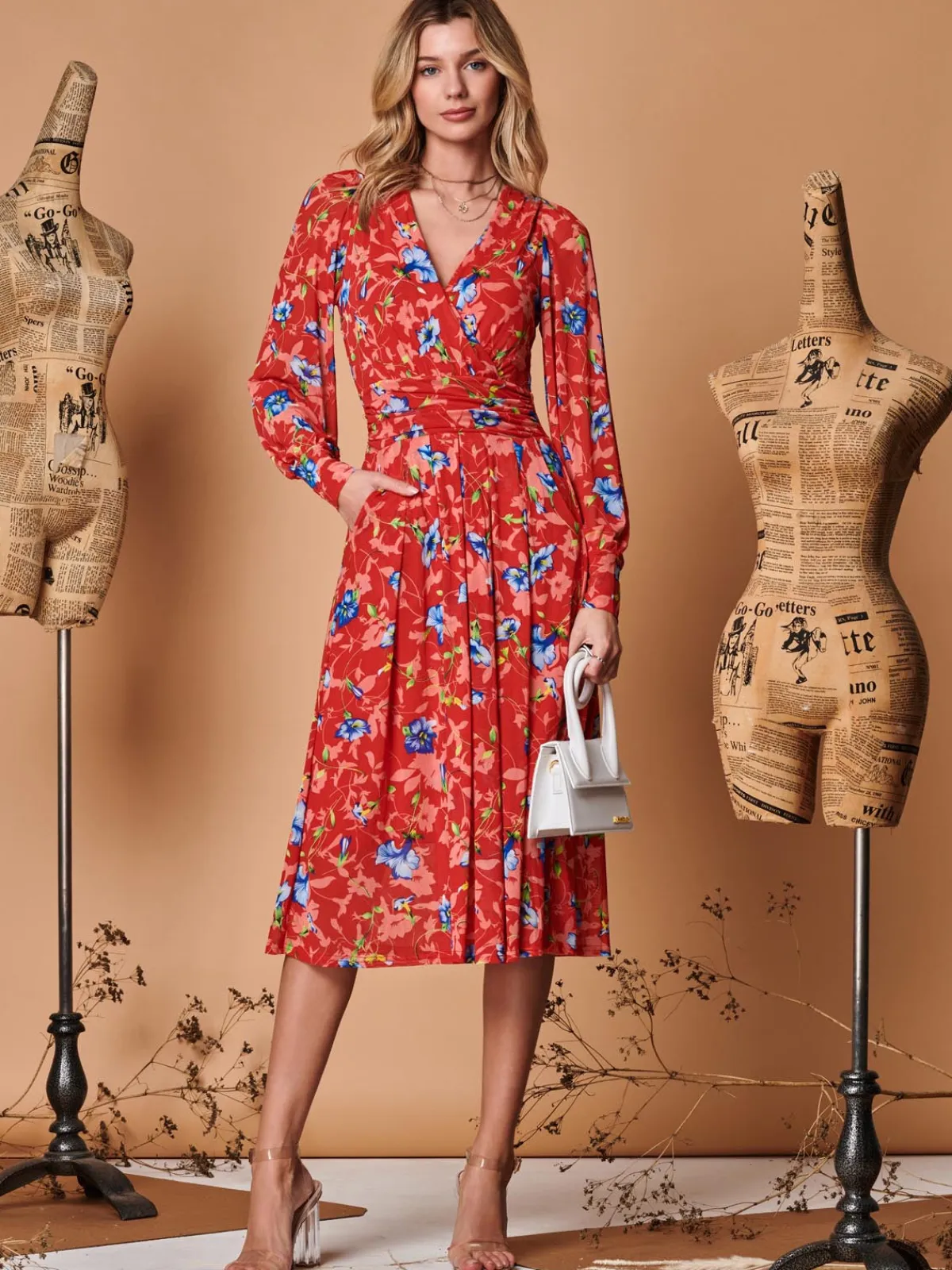 Jolie Moi Occasion Dresses|Mesh Dresses-Floral Long Sleeve Mesh Midi Dress, Red Floral