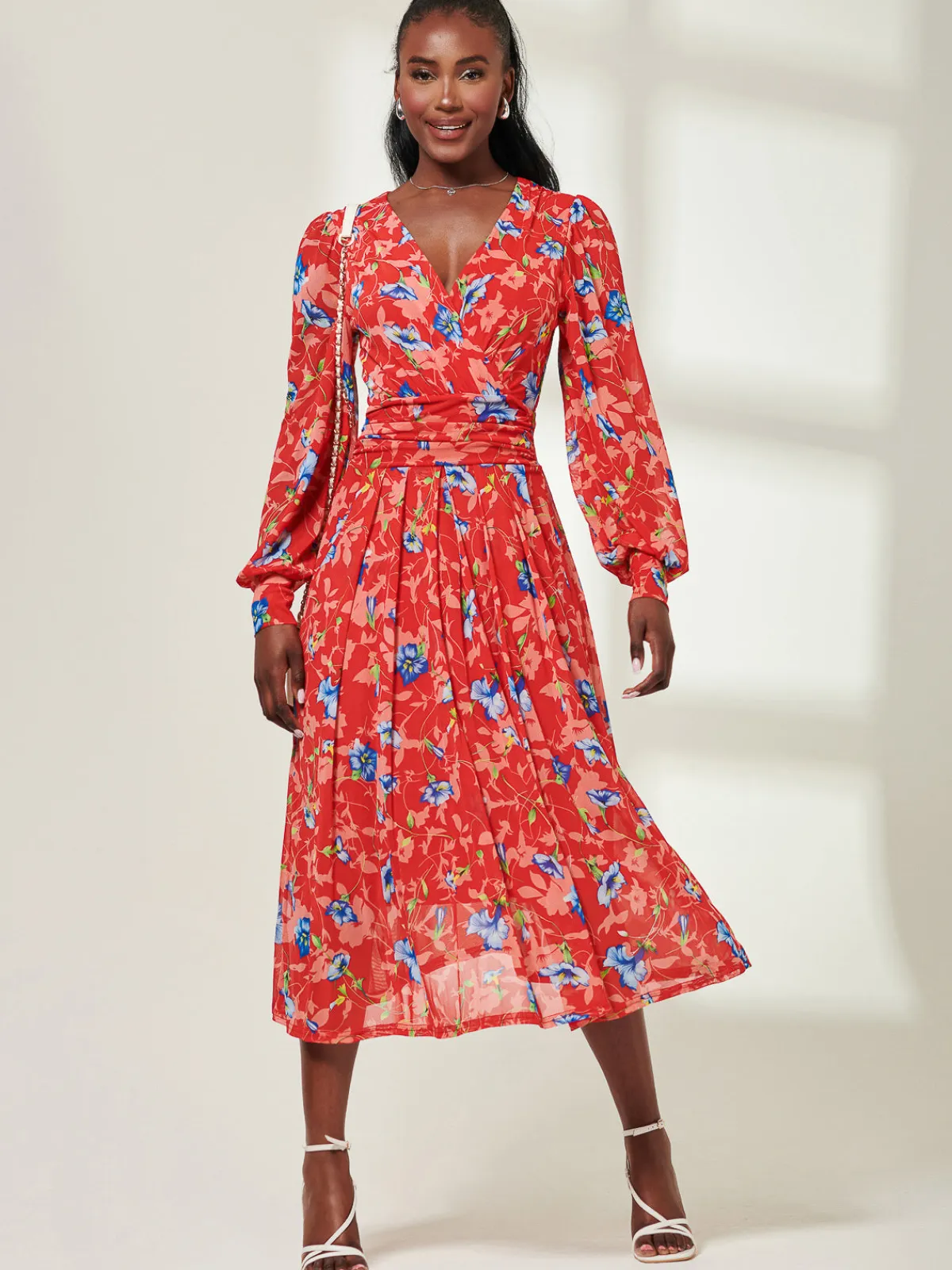 Jolie Moi Occasion Dresses|Mesh Dresses-Floral Long Sleeve Mesh Midi Dress, Red Floral