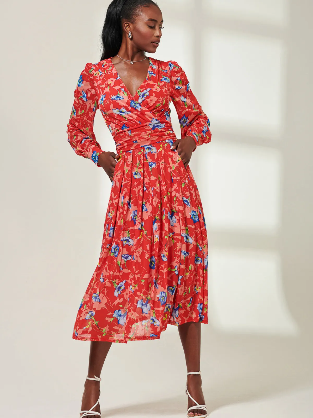 Jolie Moi Occasion Dresses|Mesh Dresses-Floral Long Sleeve Mesh Midi Dress, Red Floral