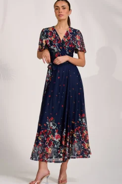 Jolie Moi Floral Dresses|Wedding Guest-Floral Mirror Mesh Wrap Maxi Dress, Floral Multi
