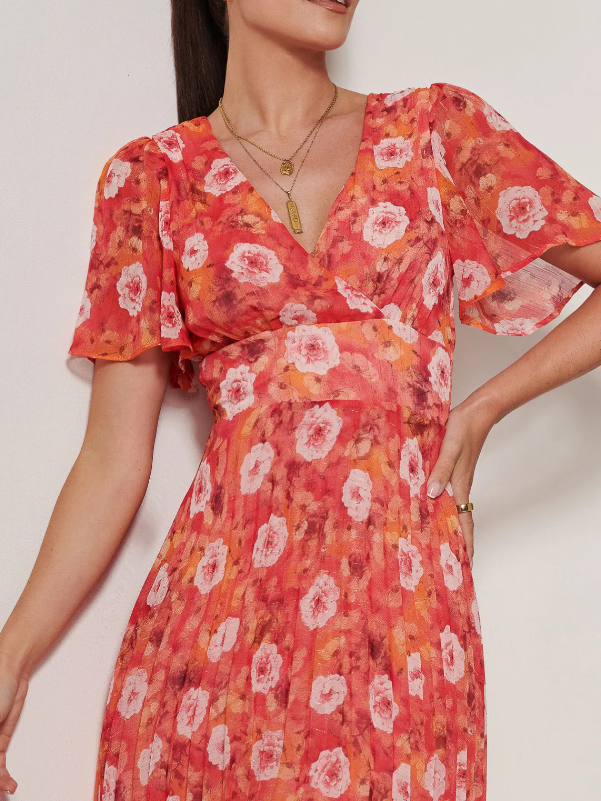Jolie Moi Occasion Dresses|Floral Dresses-Floral Pleated Chiffon Dip Hem Dress, Orange Multi