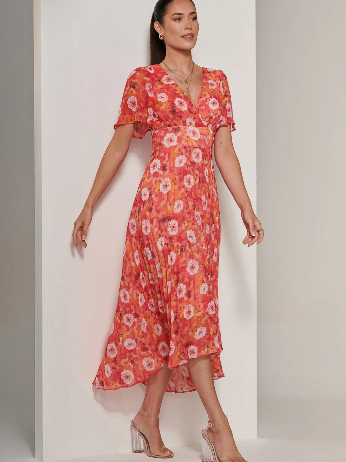 Jolie Moi Occasion Dresses|Floral Dresses-Floral Pleated Chiffon Dip Hem Dress, Orange Multi