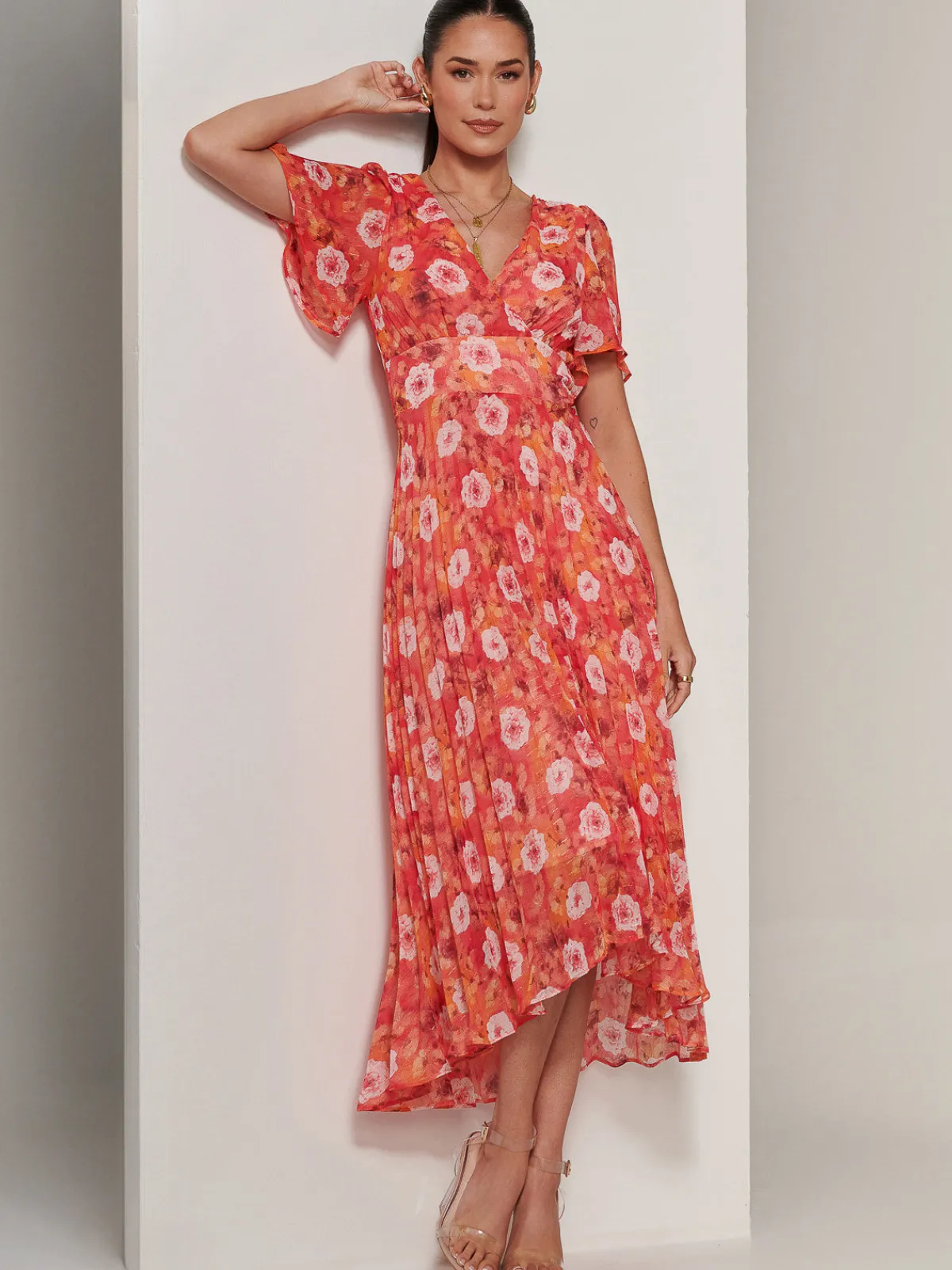 Jolie Moi Occasion Dresses|Floral Dresses-Floral Pleated Chiffon Dip Hem Dress, Orange Multi