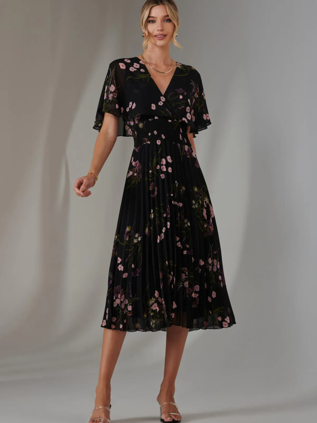 Jolie Moi Occasion Dresses|Floral Dresses-Floral Print Chiffon Pleated Dress, Black Pink Floral