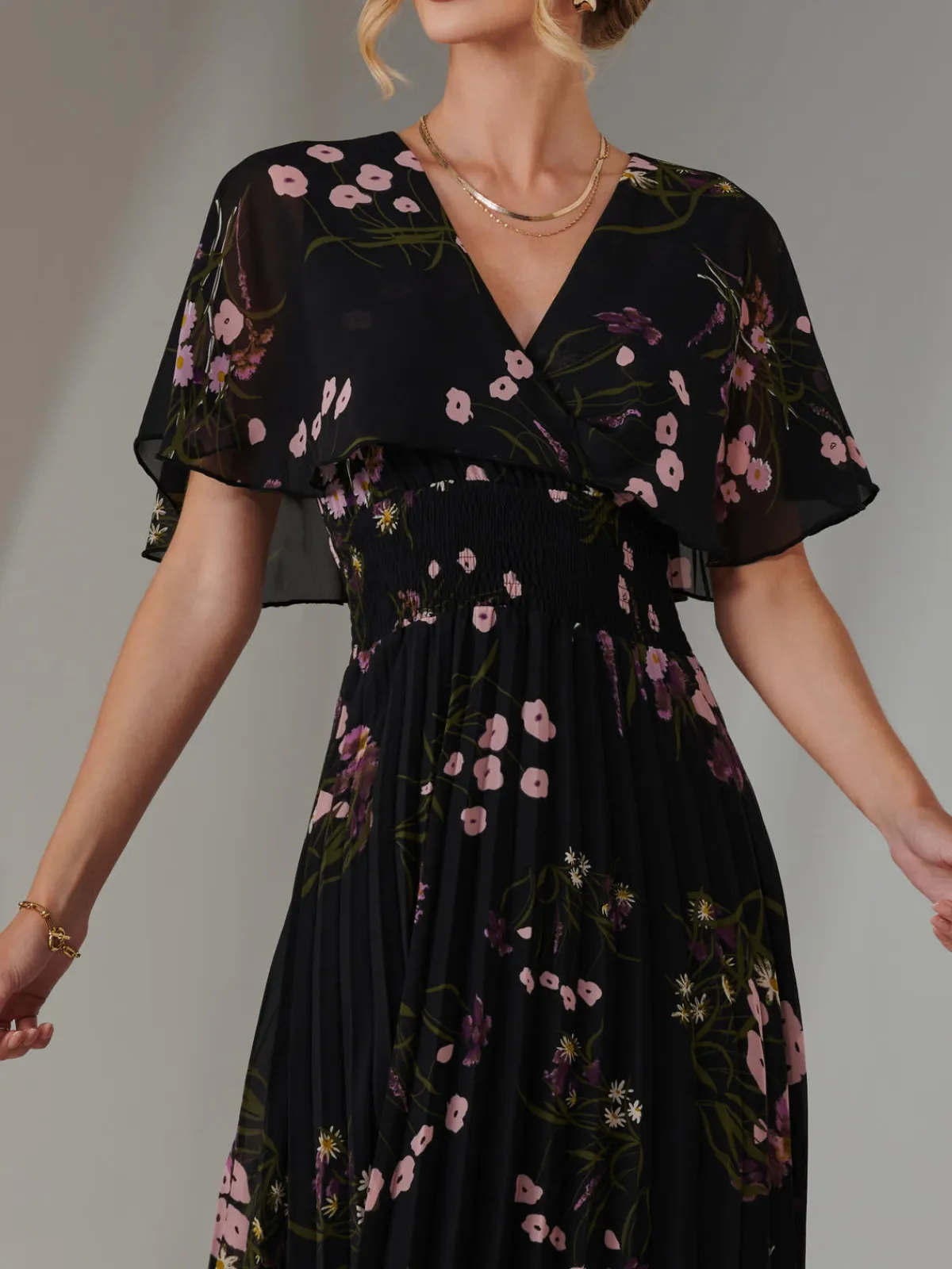 Jolie Moi Occasion Dresses|Floral Dresses-Floral Print Chiffon Pleated Dress, Black Pink Floral