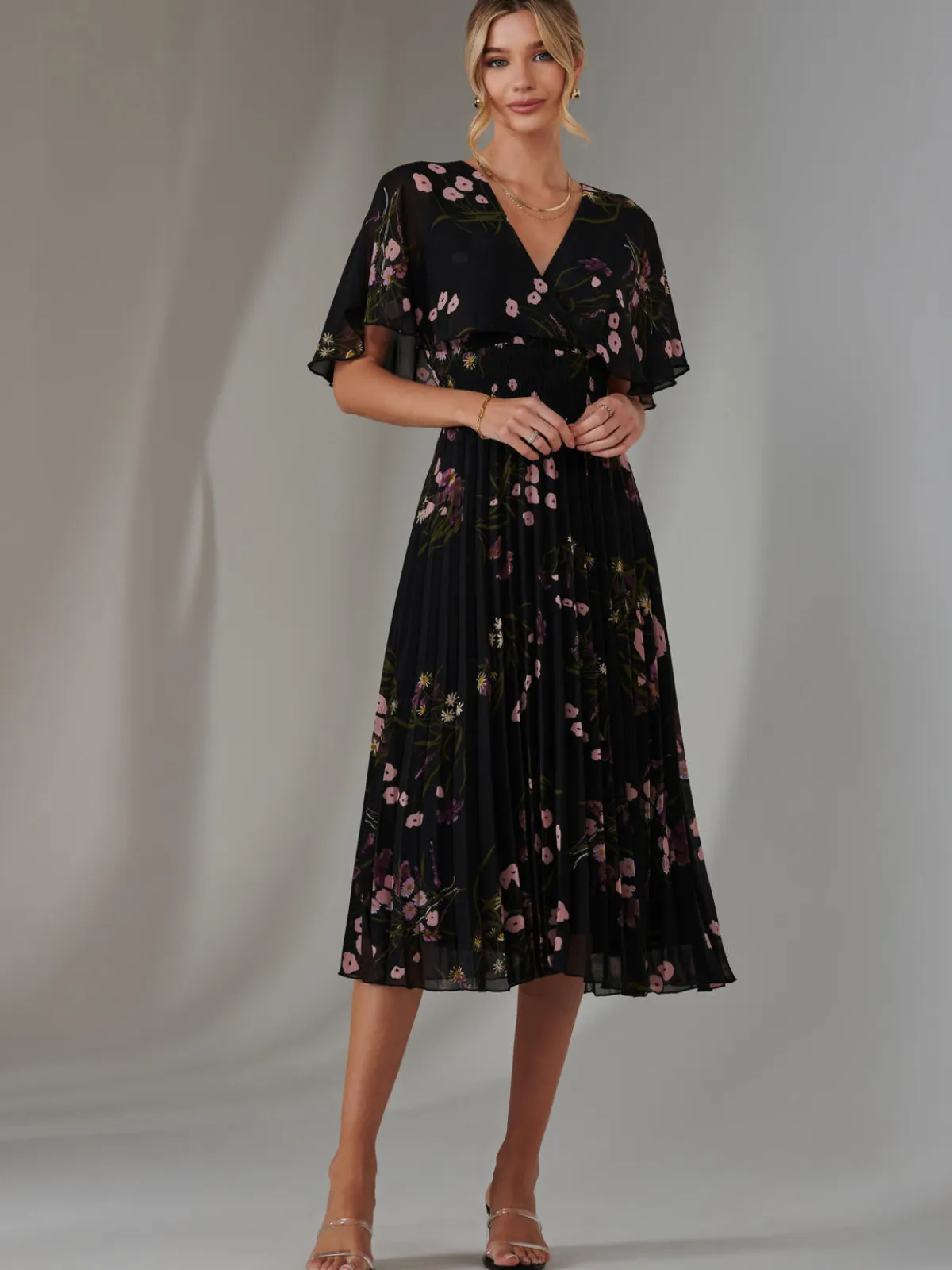 Jolie Moi Occasion Dresses|Floral Dresses-Floral Print Chiffon Pleated Dress, Black Pink Floral