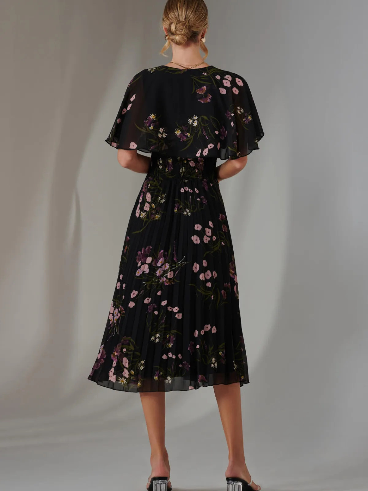 Jolie Moi Occasion Dresses|Floral Dresses-Floral Print Chiffon Pleated Dress, Black Pink Floral