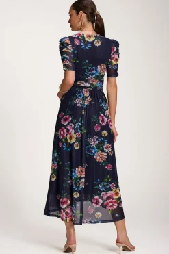 Jolie Moi Floral Dresses|Mesh Dresses-Floral Print Mesh Maxi Dress, Navy