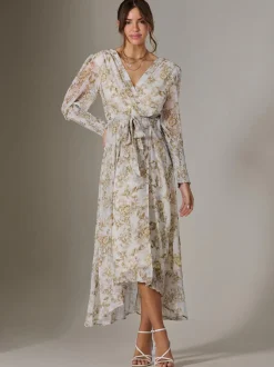 Jolie Moi Floral Dresses|Party Dresses-Floral Tie Up Maxi Dress, Cream Floral