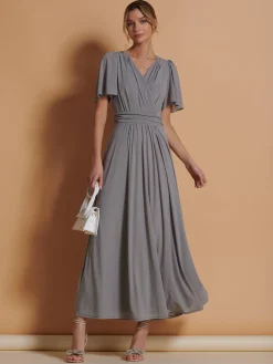 Jolie Moi Mother Of The Bride|Mesh Dresses-Flute Sleeve Mesh Maxi Dress, Grey